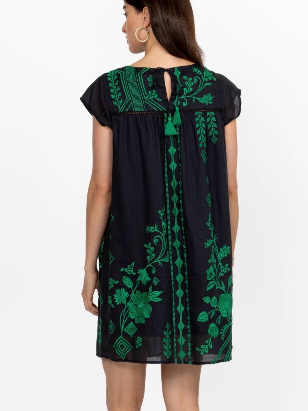 Johnny Was Willow Petal Sleeve Black Mini TunicDress with Green Embroidery - Picture 2 of 11